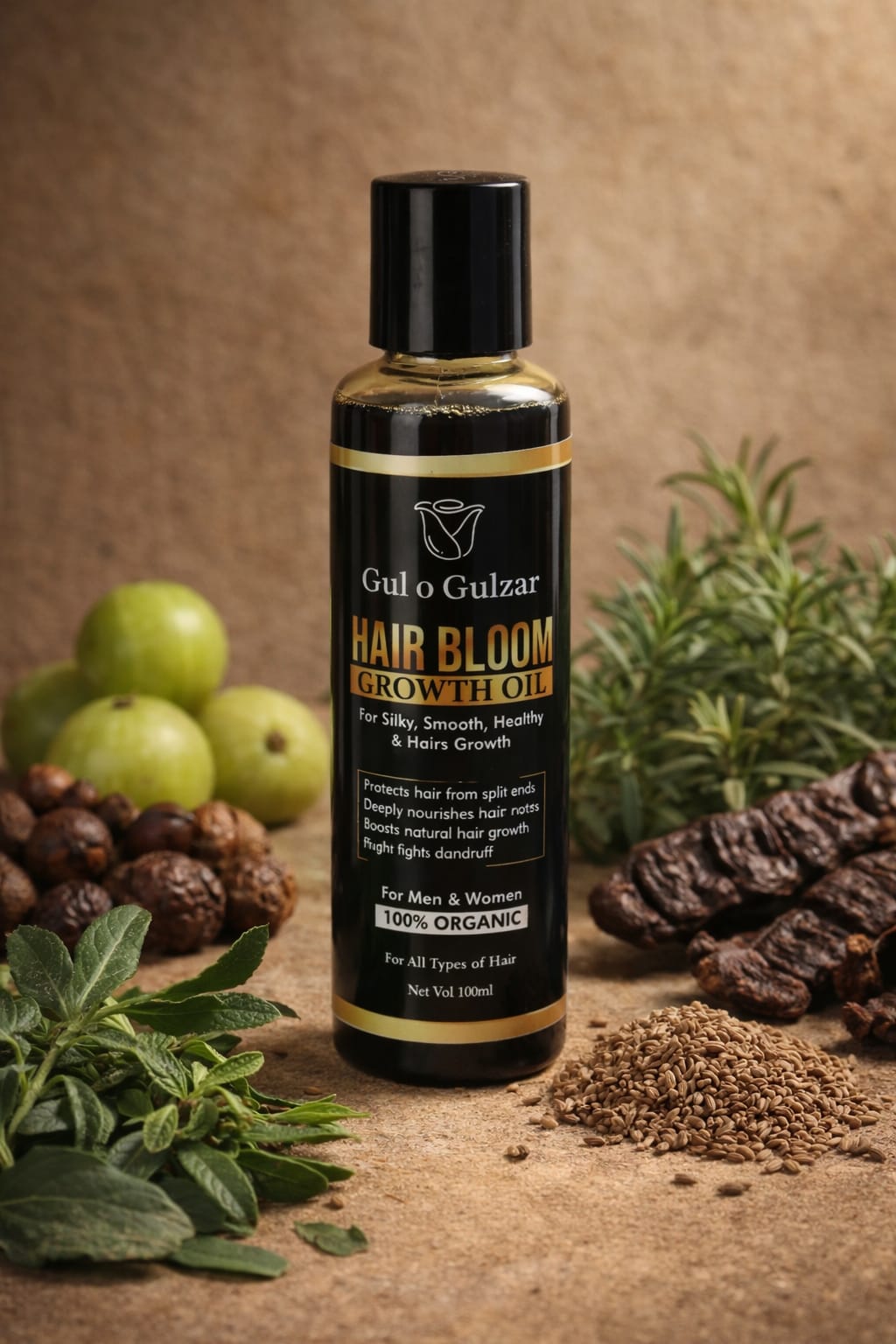 Hair bloom growth oil bottle with natural ingredients on a brown background